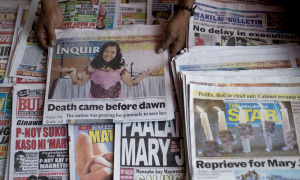 News about the execution came too late for many newspapers in the Philippines. (Image from The Guardian;  Noel Celis/AFP/Getty Images)